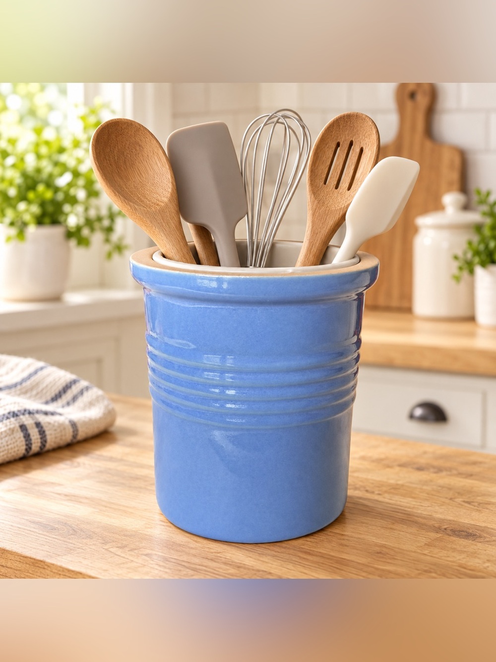 Pampered Chef Blue Stoneware Utensil Crock With Removable Liner USA